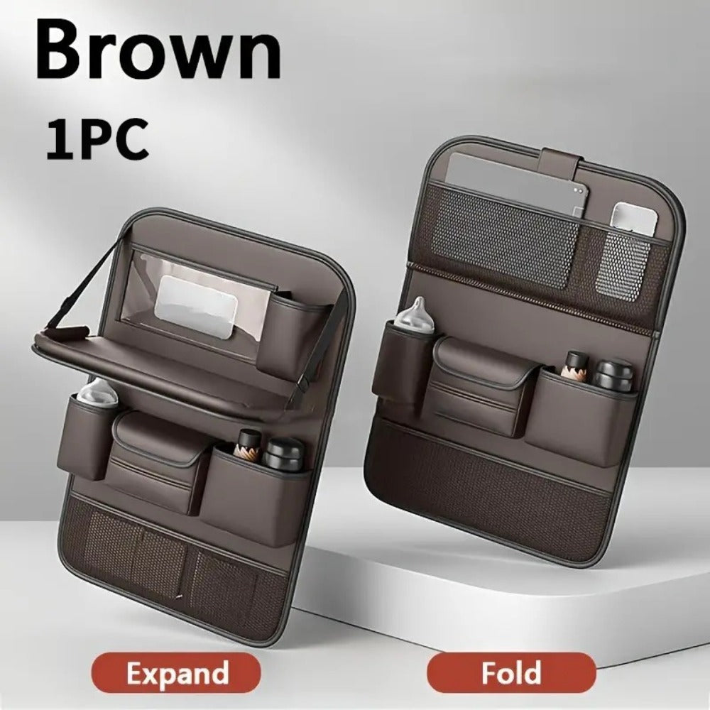 Faux Leather Car Seat Back Organizer with Foldable Table & Tablet Stand – Seat Backrest Protection Pad, Car Interior Organizer | Black, Gray, Brown (1 or 2 Pack)