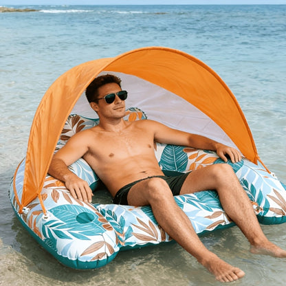 Inflatable Pool Lounger with Canopy for Adults – Tropical Leaf Floating Chair with Cup Holder & Sun Shade, Summer Pool Beach Lake Water Toy, Birthday Gift for Women Men (Green & Blue)