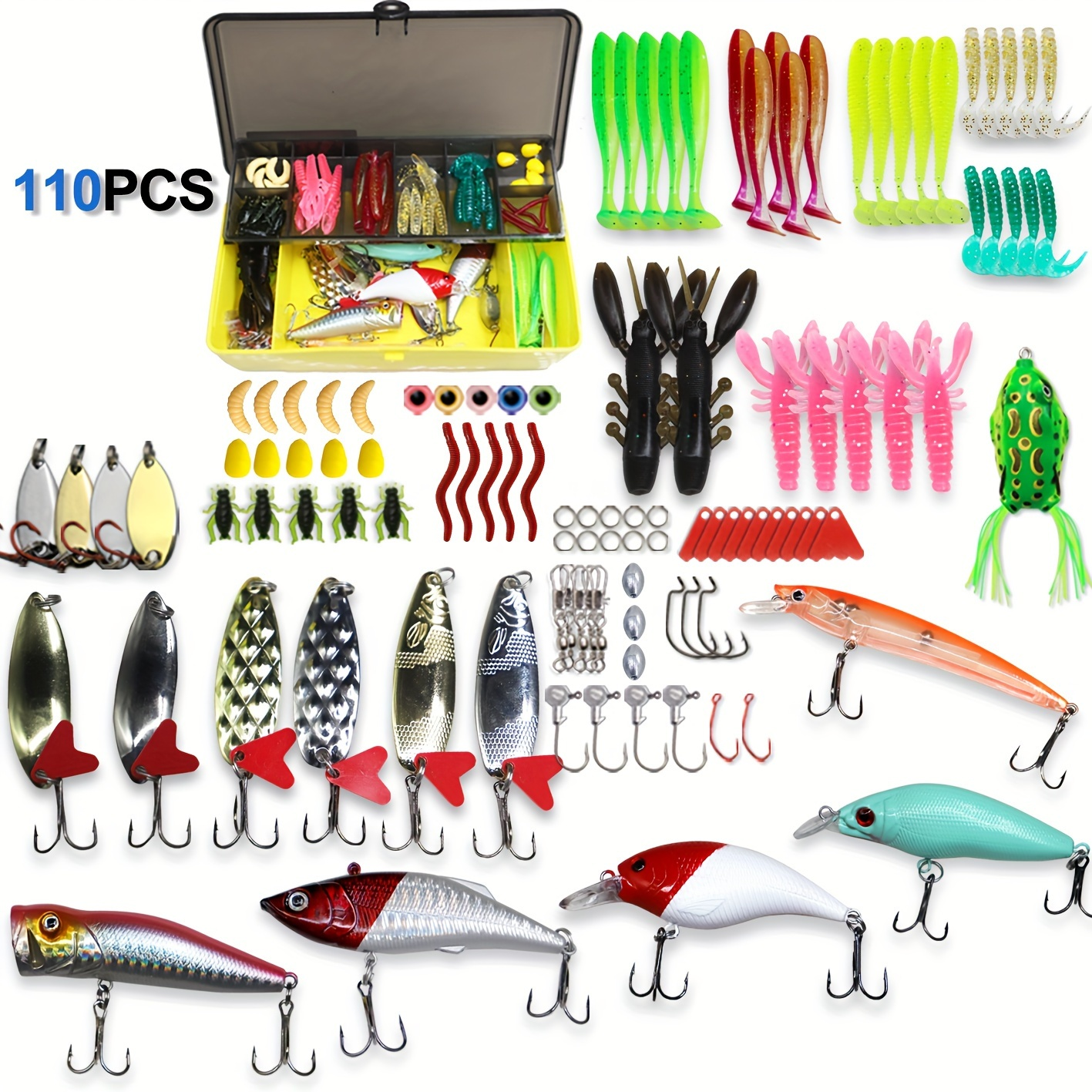 Fishing Lures Kit with Tackle Box – Mixed Plastic & Metal Baits, Hooks, Swivels & Jig Hooks (110/252/361pcs)
