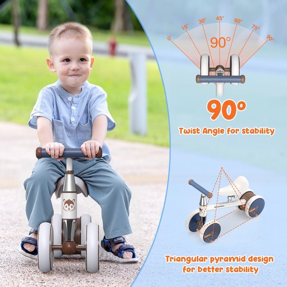 4 Wheel Balance Bike for Baby Toddlers 10-36 Months – Lightweight First Bike with Adjustable Seat, 90° Steering Limit & Silent Anti-Slip Tires | Best 1st Birthday Gift for Boys and Girls