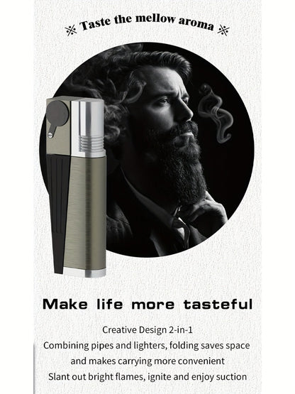 Folding Pipe Lighter Refillable 2-in-1 with Adjustable Flame, Metal-Crafted Durable Design, Gift Box Included – Windproof Butane Lighter for Men, Outdoor, Christmas & Valentine’s Day Gift