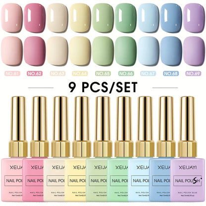 Gel Nail Polish Set 9 Colors Macaron Pastel in Square Bottles — High Saturation UV LED Cure Chip-Resistant Long-Lasting Gel Polish Kit for Women Salon & DIY Nail Art Gift