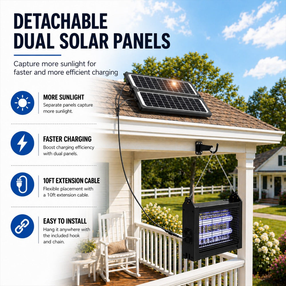 Solar Bug Zapper Outdoor – 4500V Electric Mosquito Killer with Dual Solar Panels & USB Charging, Auto On/Off Light Sensor, IPX4 Waterproof Insect Trap for Patio, Backyard, Garden & Camping