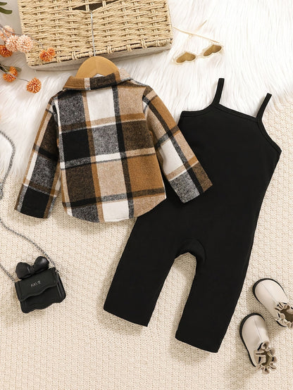 Baby Girl Plaid Outfit Set - Sleeveless Winter