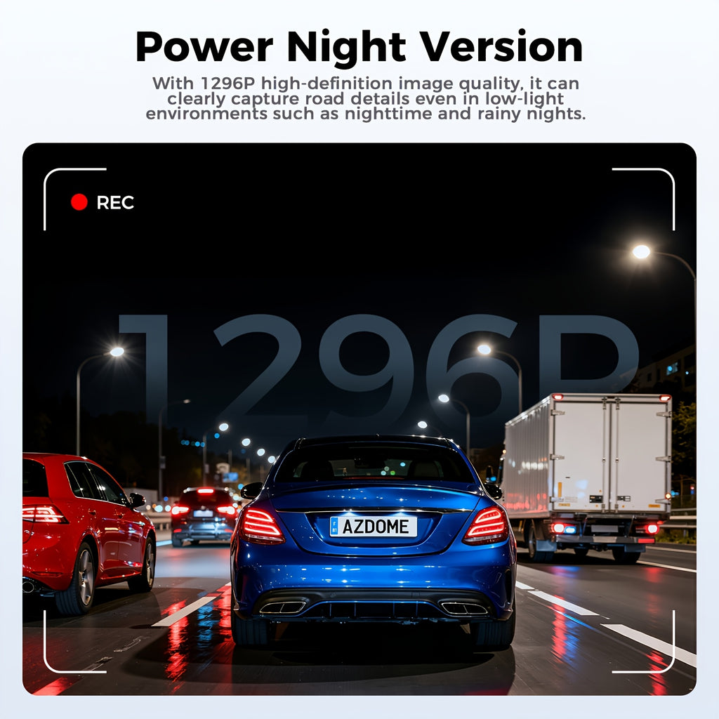 10-inch Touchscreen Dash Cam with Front 1296P and Rear 1080P Recording. Supports App Control, WiFi, GPS, English Voice Control, WDR Wide Dynamic Range, Super Night Vision, and Parking Monitor Mode. Requires Additional Mini Three-core Hard-wiring Kit