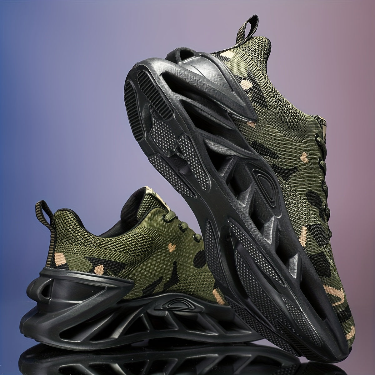 Camouflage Mesh Running Shoes - Rubber Sole and Lace-Up Fit
