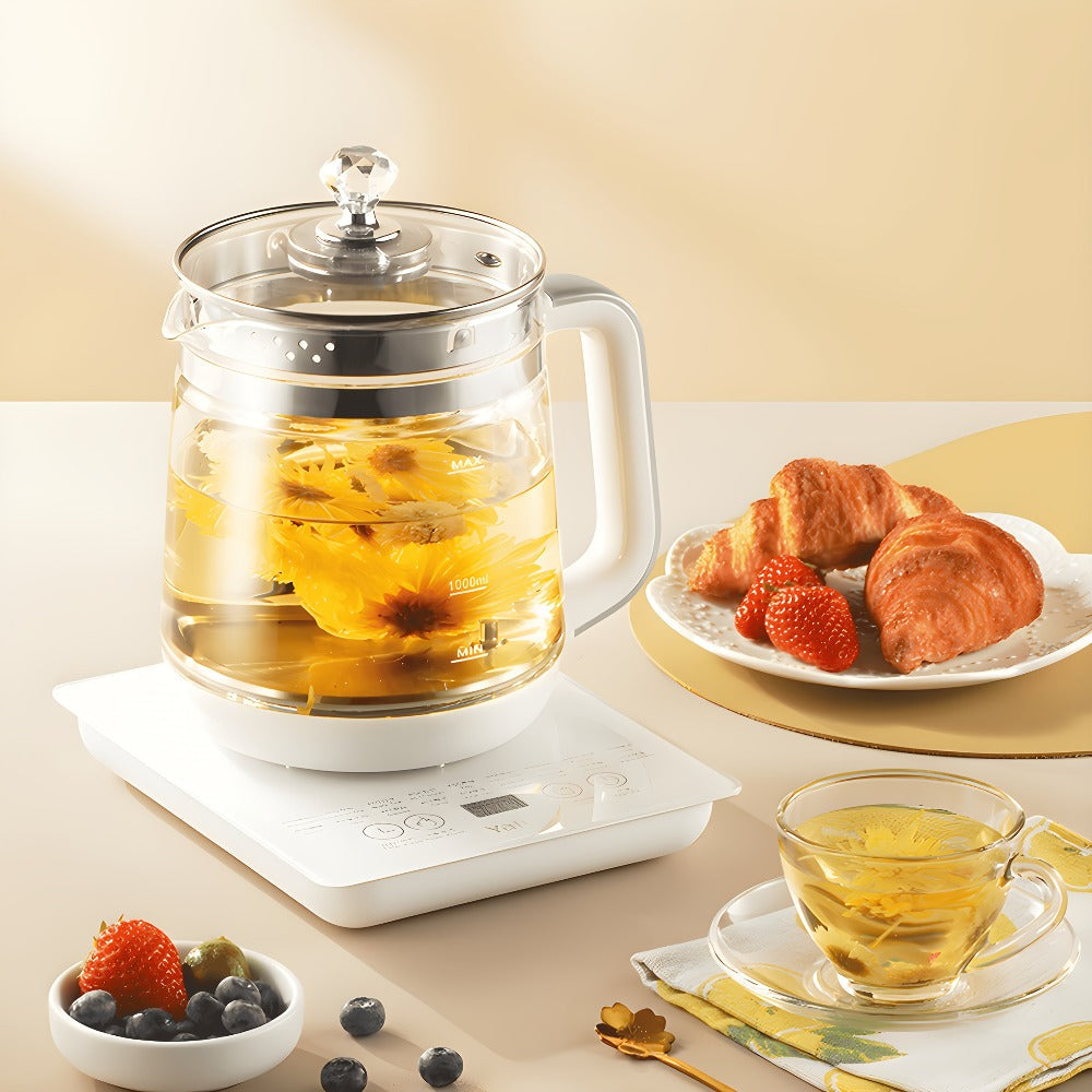 Multifunctional Electric Kettle 1.8L – Thick Glass Health Kettle with 18 Smart Functions, Boil Water, Make Coffee, Cook Porridge & Steam Eggs, Removable Filter, Tea Set Included, US Plug – White