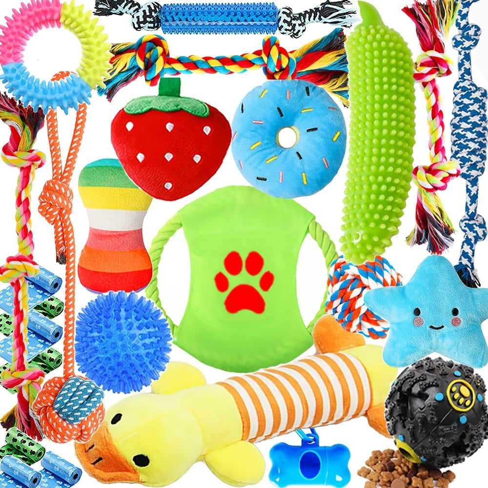 Dog Chew Toy Set 25 Pieces with Rope Toys Squeaky Toys Tug of War Teething Toys Treat Dispenser Ball Teeth Cleaning for Puppies Small Medium Large Dogs