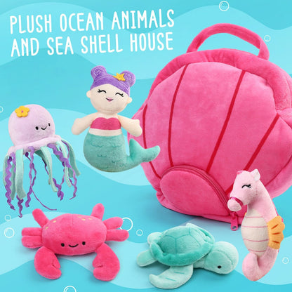 Ocean Stuffed Animals Set 5 Pack Sea Turtle Octopus Mermaid Seahorse Crab Soft Plush Toys with Shell Carrying Bag Gift for Baby Toddlers Kids Birthday Christmas Baby Shower