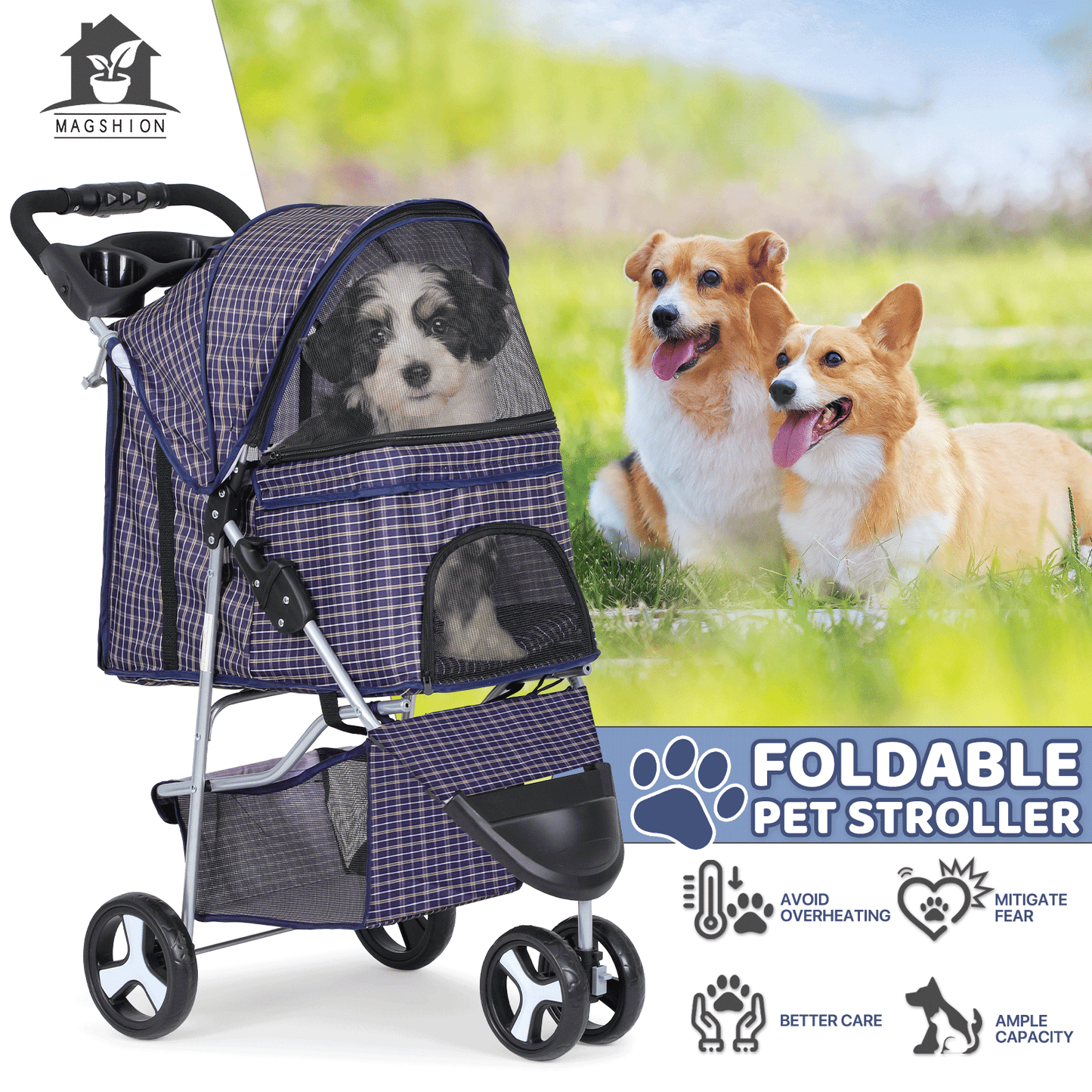 Pet Jogger Stroller 3-Wheel for Small & Medium Dogs & Cats up to 33 lbs - Foldable Oxford Waterproof Dog Cat Pram with 360° Swivel Wheels, Shock Absorber, Rear Brakes, Cup Holder & Storage Basket, 11 Colors