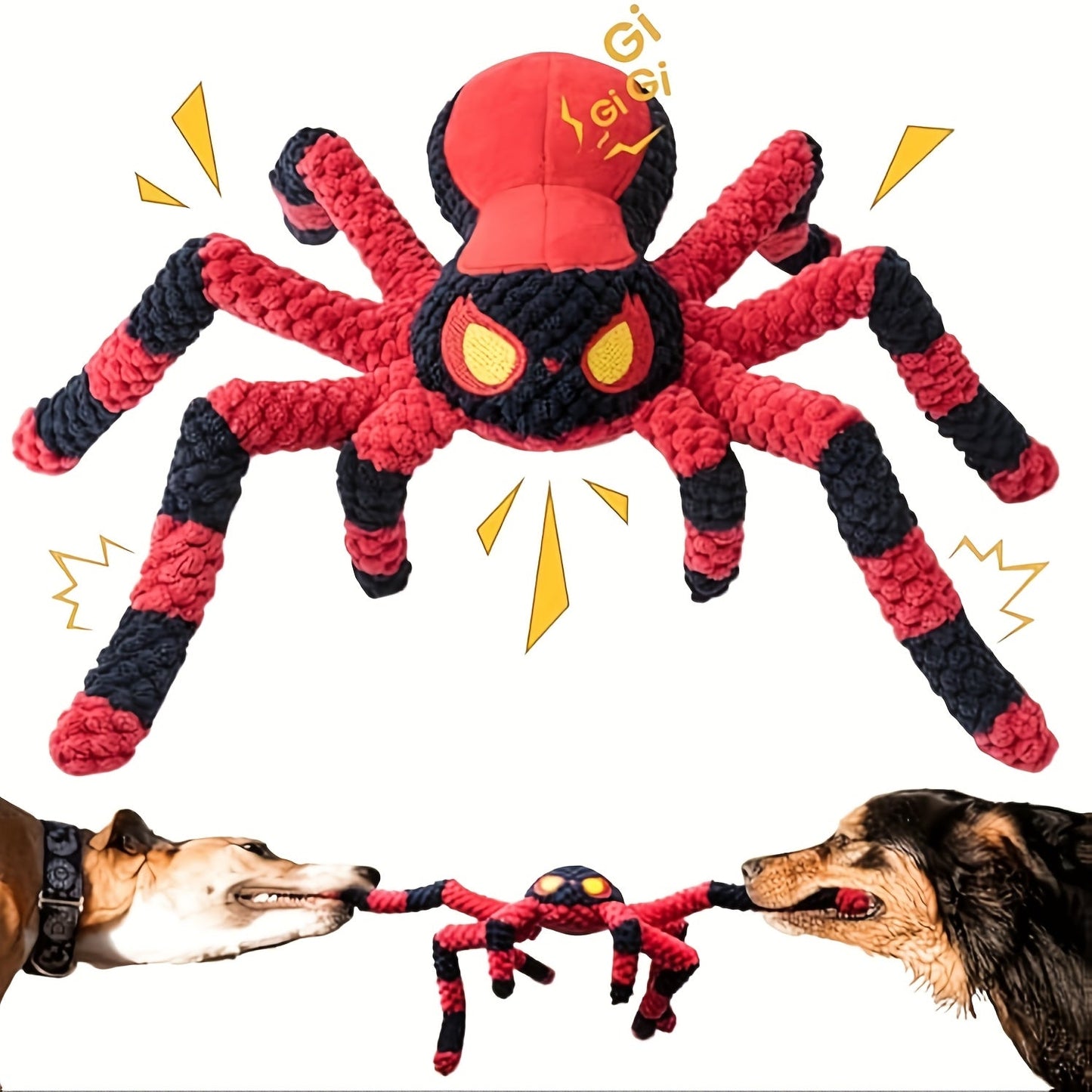 Squeaky Spider Dog Toy - Interactive Crinkle Tug of War Plush Dog Toy with Squeaker Head & Flexible Legs, Durable Large Dog Toys to Keep Dogs Busy, No Battery Needed, Red & Blue Spider Styles