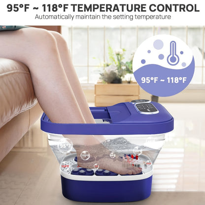 Foot Spa Massager Collapsible with Heater & Temperature Control – Foot Bath with Bubbles, 6 Massage Rollers, Vibration, Red Light Therapy & Auto Massage for Home Foot Care, Black Blue