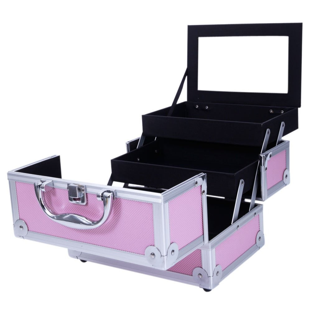 Aluminum Makeup Train Case with Wheels Large Capacity Lockable Cosmetic Trolley Organizer Adjustable Dividers Retractable Handle for Makeup Artists Salon Travel Black Silver Pink Beauty Gift
