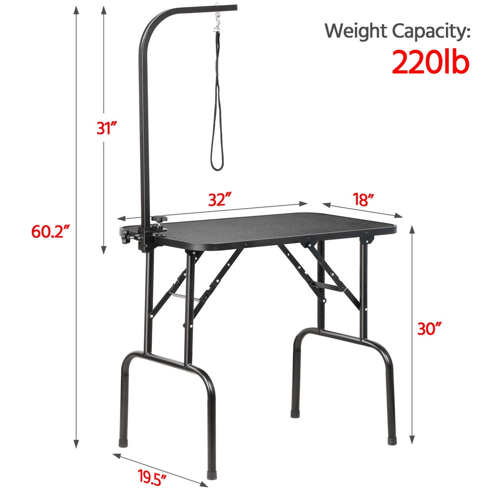 Pet Grooming Table Foldable with Height Adjustable Arm – Non-Slip Waterproof Surface, Folding Legs, Sturdy Metal Frame, Professional Dog Cat Beauty Trimming Table for Home & Salon