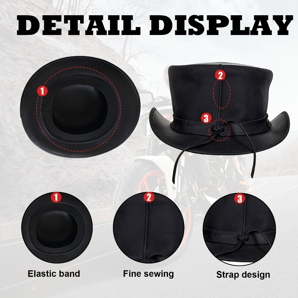 Genuine Leather Top Hat Steampunk Gentleman Shapeable Brim – Real Cowhide Low Crown Topper for Men & Women S-3XL, Halloween Costume Cosplay Motorcycle Riding Fashionable Dress Up Hat
