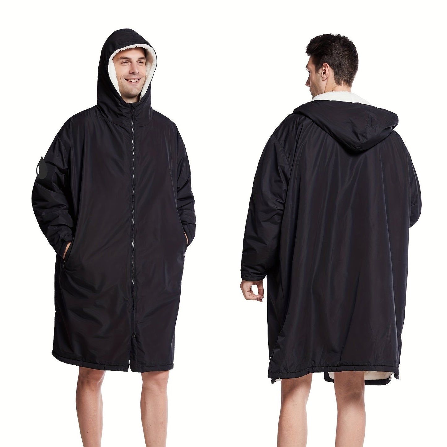 Changing Robe Fleece Lined Hooded – Long Sleeve Windproof Warm Surf Poncho for Swimming, Surfing, Diving, Camping & Hiking – 43.3x31.5in, 4 Colors: Navy, Black, Red, Blue