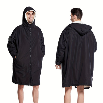 Changing Robe Fleece Lined Hooded – Long Sleeve Windproof Warm Surf Poncho for Swimming, Surfing, Diving, Camping & Hiking – 43.3x31.5in, 4 Colors: Navy, Black, Red, Blue