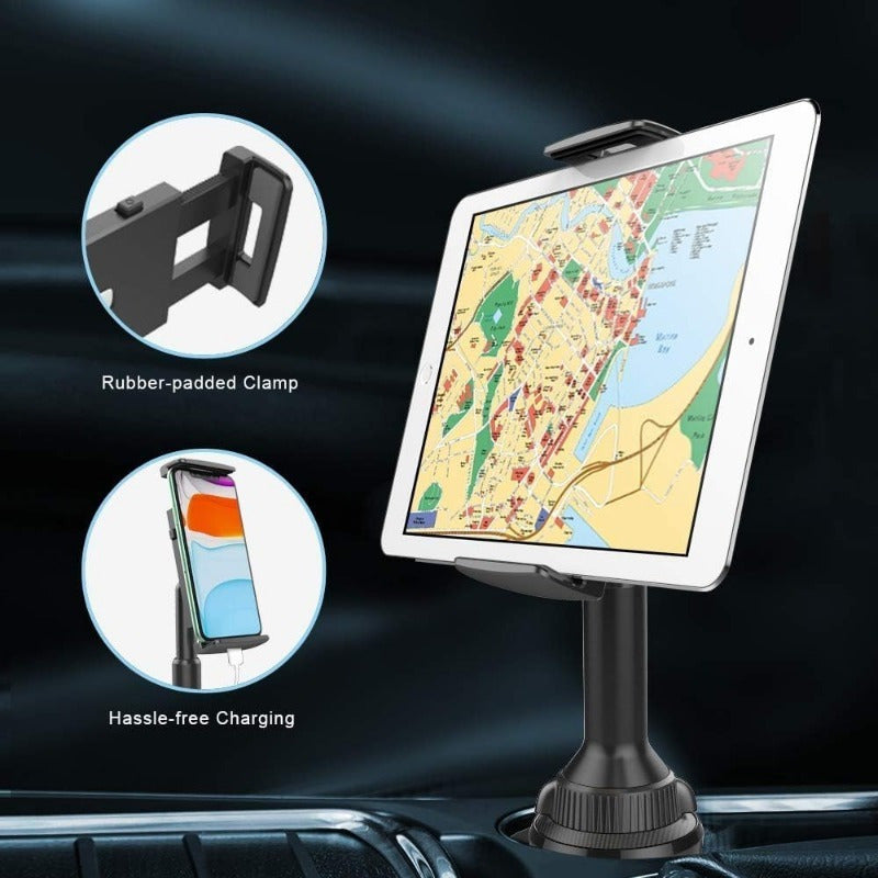 APPS2 Car Tablet Holder for Car, Adjustable Clamp Mount (Up to 8.3"), 10.57" Height Adjustable Ipad Holder for 4.3"-11" Cell Phones And Tablets, Perfect Travel Companion