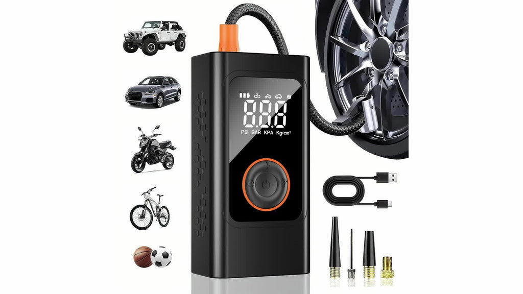 Portable Tire Inflator - 150PSI Air Compressor with Preset Pressure Auto-Stop, USB-C Fast Charge And LED Light, Multi-Mode for Car, Moto, Bike, Ball, Air Pump Ideal for Car