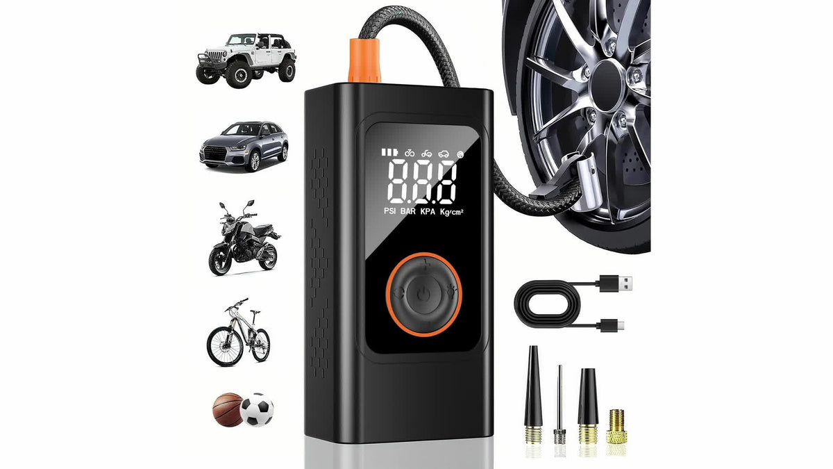 Portable Tire Inflator - 150PSI Air Compressor with Preset Pressure Auto-Stop, USB-C Fast Charge And LED Light, Multi-Mode for Car, Moto, Bike, Ball, Air Pump Ideal for Car