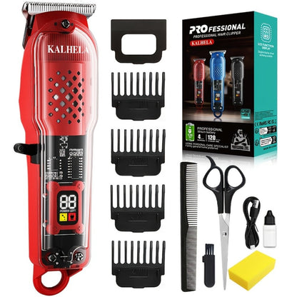 Retro Transparent Hair Clippers for Men – Electric Trimmer with LCD Display, USB Rechargeable Beard Clipper for Pompadour Fade Styles, Cordless Home Barber Tool, Red Black Blue