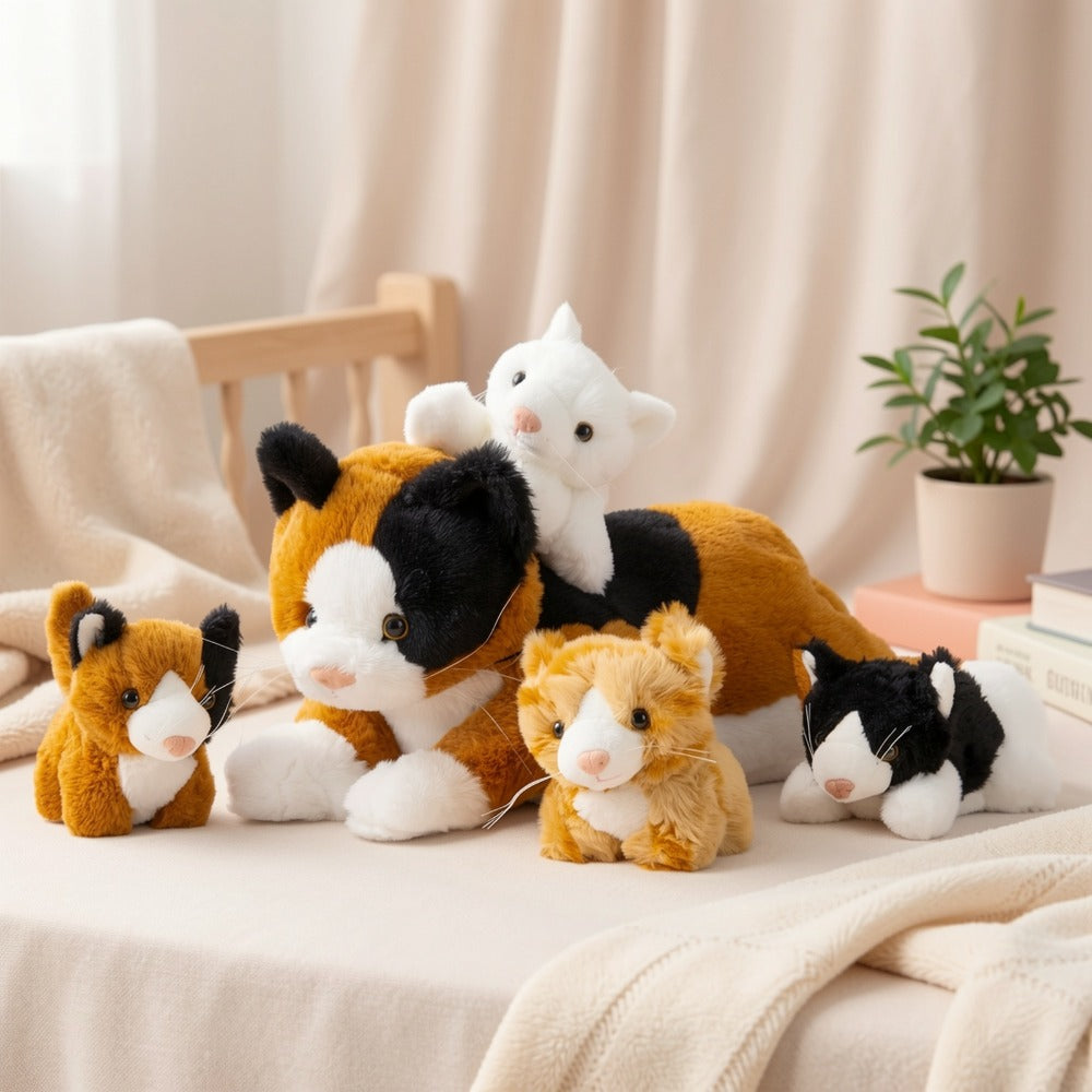 Cat Stuffed Animal Plush Set Mommy Cat with 4 Baby Kittens – Soft Cuddly Cat Family Toy Gift for Kids, Mother's Day Birthday Christmas Holiday Bed Sofa Decor