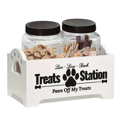 Dog Treat Storage Container Set – Rustic Wooden Organizer with 2 Plastic Treat Bins, Airtight Pet Food Storage for Kitchen Counter, Black & White