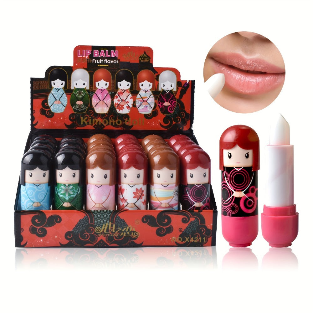 Lip Balm Set 24 Pieces - Cute Doll Design Moisturizing Lip Care, Long-Lasting Hydration for Dry & Chapped Lips, Fun Birthday Gift for Girls, Teens & Kids, Set A & Set B