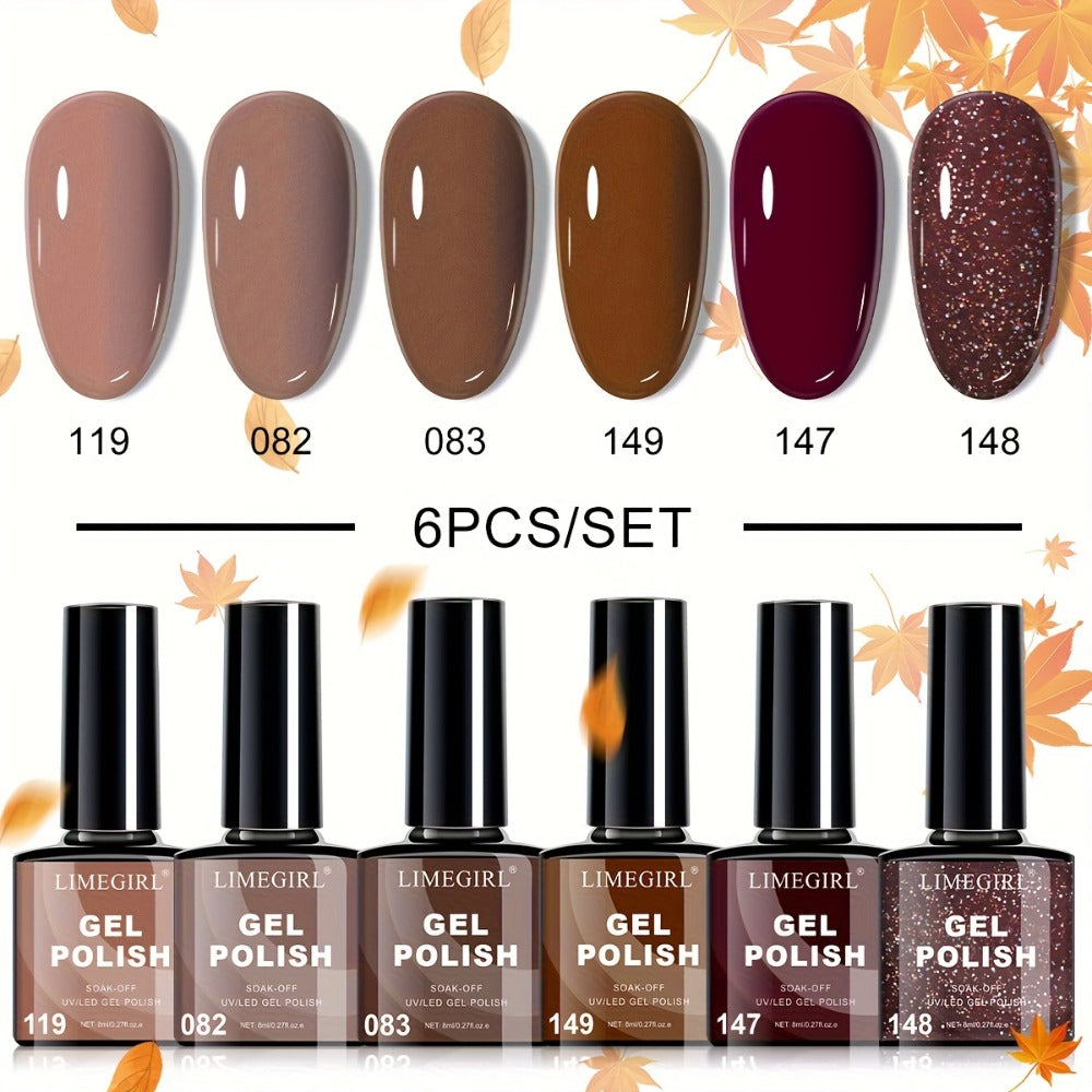 Soak-Off Gel Nail Polish Set 6pcs Hypoallergenic - Fall & Winter Glitter and Solid Colors UV LED Long-Lasting Toxin-Free DIY Nail Art Kit for Women, Home Manicure, Christmas Gift for Nail Lovers
