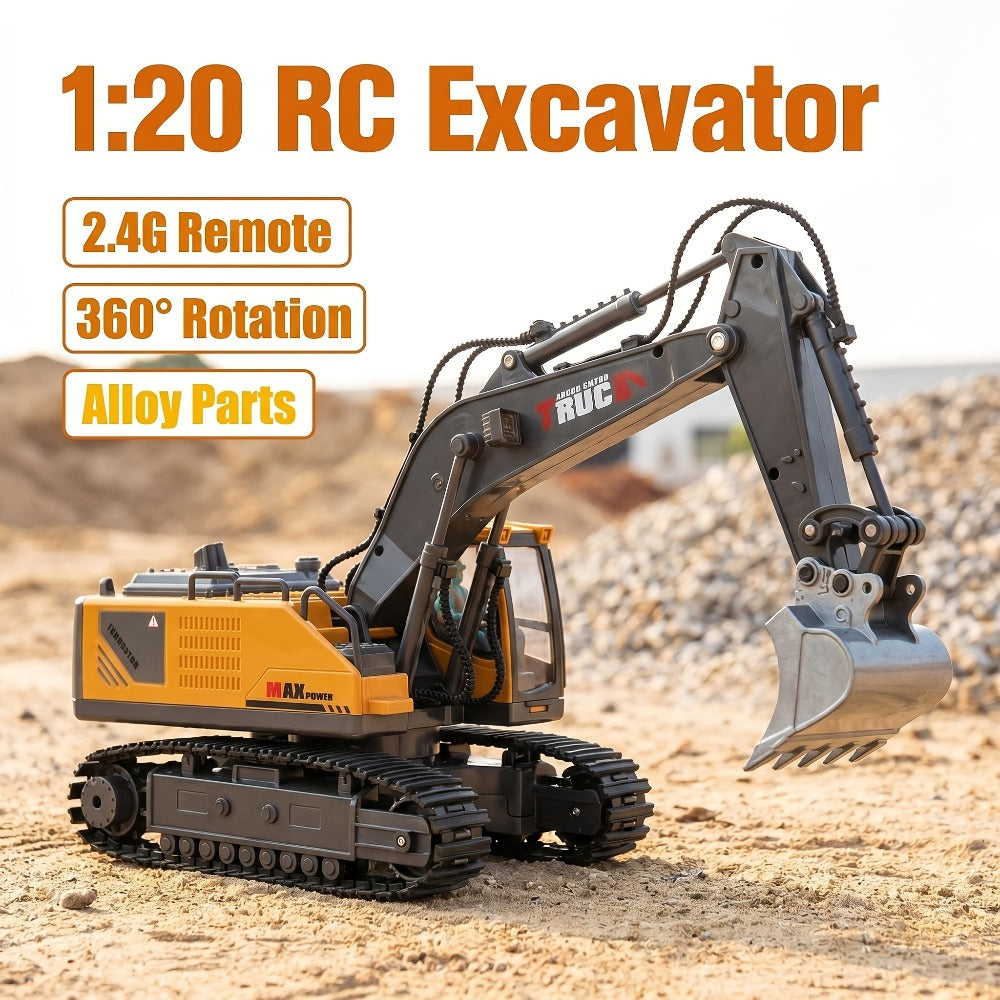 RC Excavator Toy for Kids Track Type 2.4GHz – 1200mAh Rechargeable Remote Control Construction Truck with Metal Shovel & LED Light, STEM Gift for Boys Ages 6 7 8 9 10 11 12 Birthday Christmas (Metal/Plastic/Mini)
