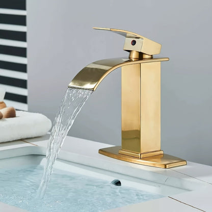 Waterfall Bathroom Sink Faucet, Single Hole or 3-Hole Mixer Tap with 6" Deck Plate, Ceramic Valve, Vanity Faucet for Farmhouse RV Bathroom, Brushed Gold Matte Black Nickel Chrome