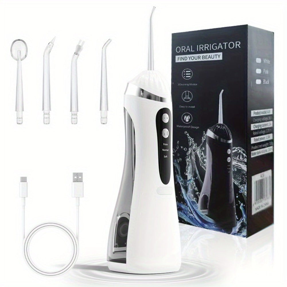 USB Rechargeable Water Flosser 3 Modes — Portable Oral Irrigator with Flosser Tips & Brush Head, Cordless Dental Water Pick for Travel, Home & Daily Gum Care, White Black Pink