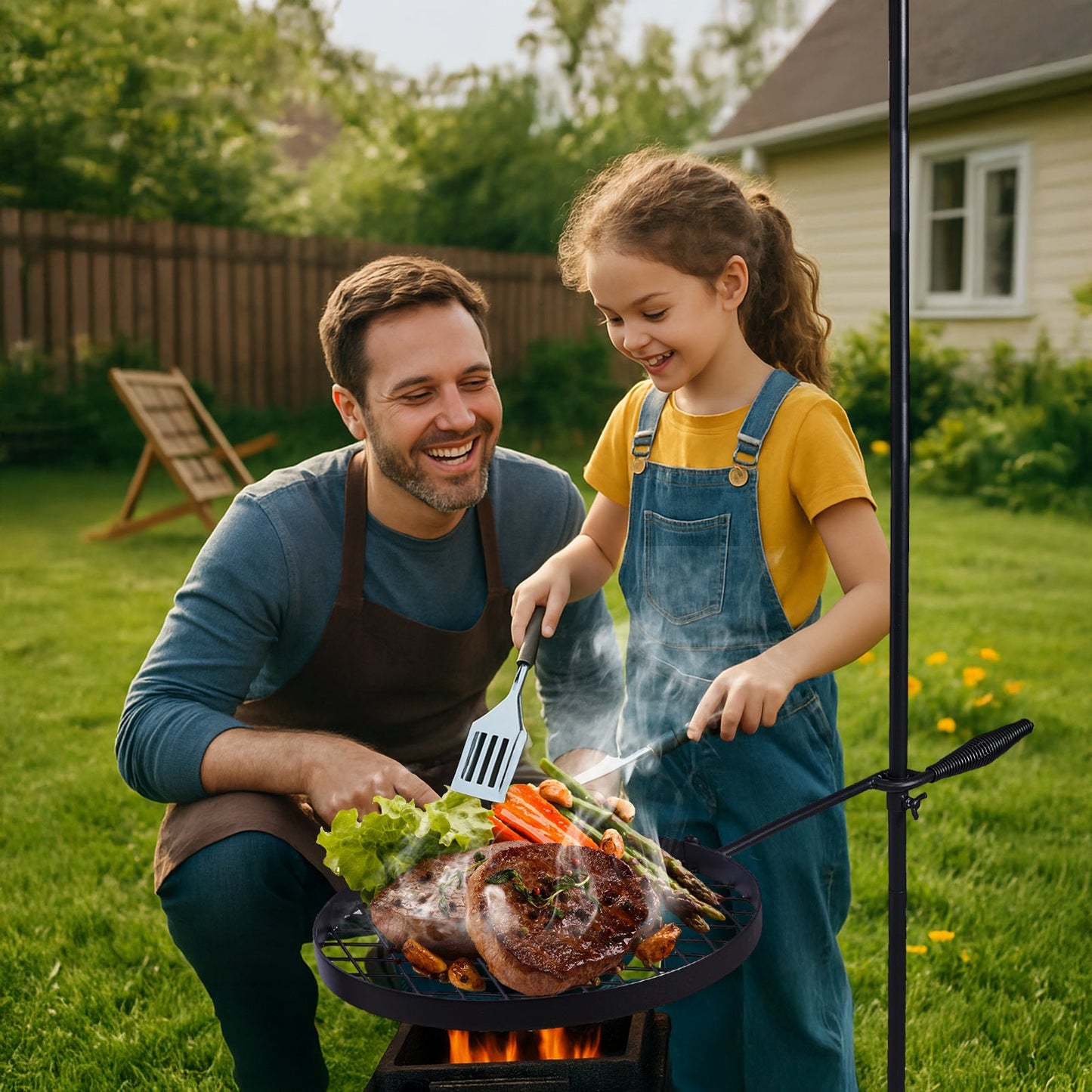 Campfire Grill Grate with Hanging Pole – Height Adjustable, 360° Rotation, 48" Thick Steel Pole, Swivel Grate Ring for Kettle, Dutch Oven & Pan – Portable Open Fire Cooking Grill for Camping & Outdoor