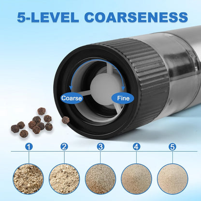 Electric Pepper Grinder USB-C Rechargeable – 5-Level Adjustable Coarseness, One-Hand Operation, Stainless Steel Pepper Mill with Ceramic Core for Kitchen Cooking, Outdoor BBQ & Grilling