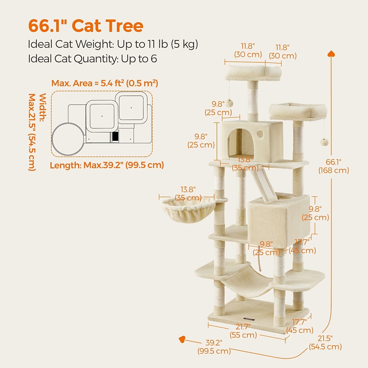 Cat Tree Tower Multi-Level Condo – 44in & 66in with Cozy Cave, Plush Hammock, 4 Sisal Scratching Posts & 2 Perches | Anti-Tilt Stable Cat Playhouse for Multi-Cat Families, Easy Assembly
