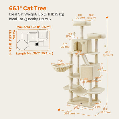Cat Tree Tower Multi-Level Condo – 44in & 66in with Cozy Cave, Plush Hammock, 4 Sisal Scratching Posts & 2 Perches | Anti-Tilt Stable Cat Playhouse for Multi-Cat Families, Easy Assembly