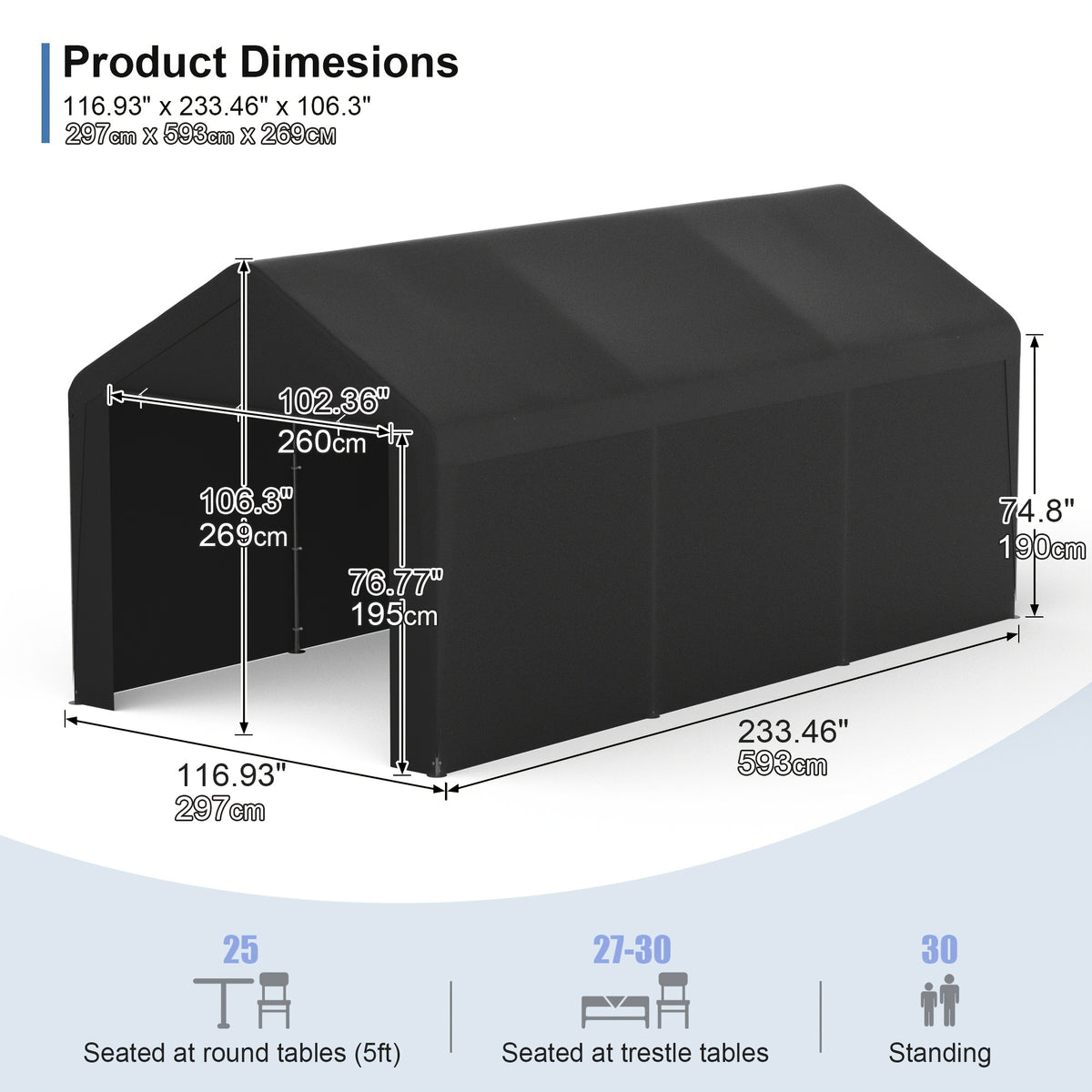 Carport Tent Car Ports Party Tent Heavy Duty Car Tent Car Shelter 10x20 Portable Garage Metal Storage Shelter Outdoor Event Tent Sun Shade with Removable Sidewalls & Doors, 230g Water-resistant PE Cover