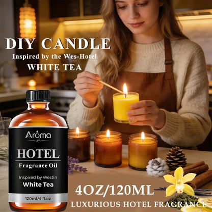 Hotel Fragrance Oil 4oz – Luxury Resort Scents for Diffuser, Candle, Humidifier & Car | M Way, White Tea, Carlton, Beach Villas