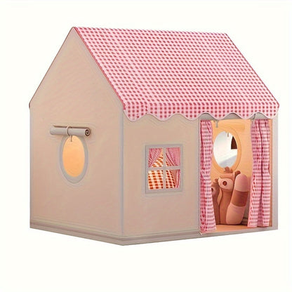Kids Cabin Style Checked Play Tent – Indoor & Outdoor Polyester Playhouse Tent for Home Decor & Family Fun | Pink, Khaki, Yellow | Holiday Gift & Party Decoration