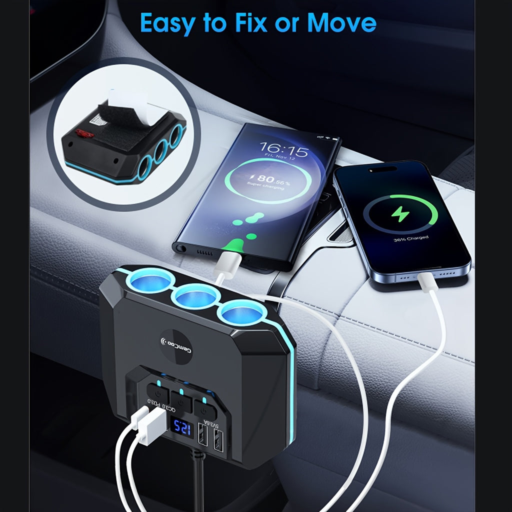 QC3.0 Car Lighter Socket Splitter Upgrade, 120W, Featuring 3 Sockets And 4 USB Ports with Dual PD 36W/QC3.0 Rapid Charging, LED Voltmeter, Individual Switches, 30-Inch Cable, Compatible with 12V-24V Vehicles