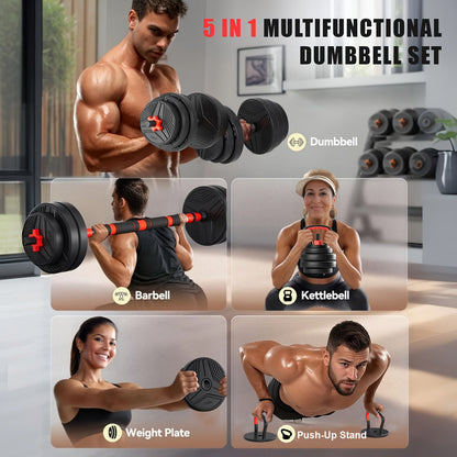 Adjustable Dumbbell Set 5-in-1, 20/30/40/60/110LBS Free Weights with Upgraded Lock Nut, Converts to Barbell, Kettlebell, Push-Up Rack & Weight Plates, Home Gym Strength Training for Men & Women