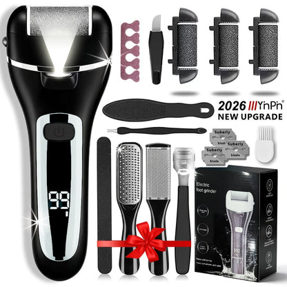 Electric Foot File 14-in-1 Rechargeable Pedicure Kit 3 Roller Heads Dead Skin Callus Remover Portable Foot Scrubber Professional Foot Care Tool for Women Men Black White Silver
