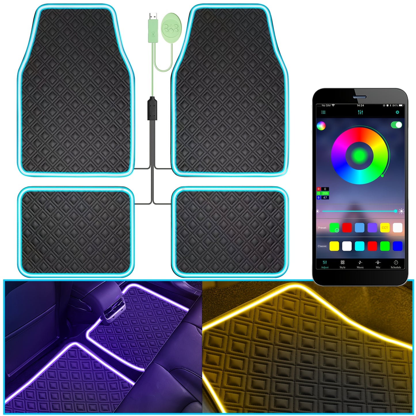 Universal Fit Car Floor Mats with LED Strip Light, Black PU Leather Automotive Carpet, App Control Interior Car Lights, Anti-Slip RGB Car Decor Accessories for SUV, Trucks, Sedan, Jeeps