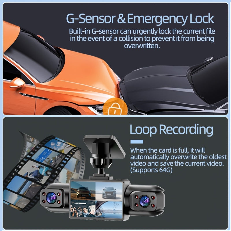 PODOFO Dual Camera Dash Cam 1080P, Suitable for Cars, 4-Channel Front/Rear/Left/Right, 3.16-inch IPS Screen, Night Vision, Loop Recording, 24-Hour Parking Monitoring with G-Sensor/Motion Detection, Optional 64GB Memory Card, Vehicle Security Camera