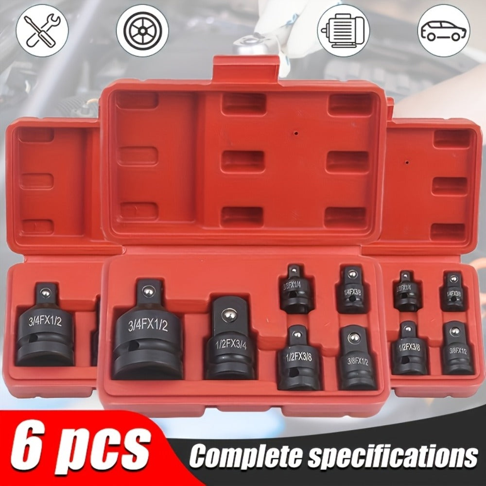 Impact Adapter & Reducer Set 6-Piece – 1/4" 3/8" 1/2" 3/4" Female-to-Male Air Square Drive Conversion Tool | Chrome Molybdenum Steel with Protective Cover | Auto Repair & Mechanical Work