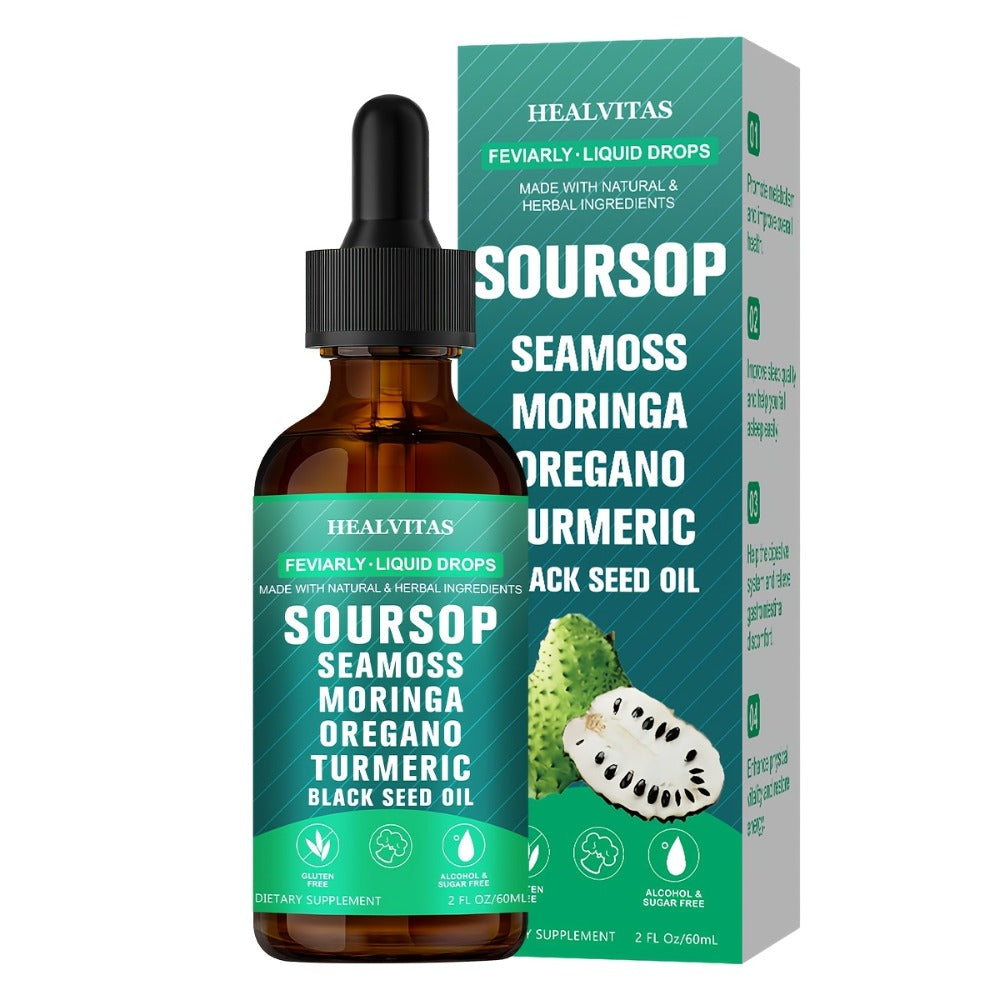 Soursop Bitters Liquid Supplement 2oz 10-in-1 with Seaweed Moringa Turmeric Black Seed Oil & Oregano Herbal Extracts — Highly Absorbable Digestive Gut & Intestinal Health Support for Women & Men