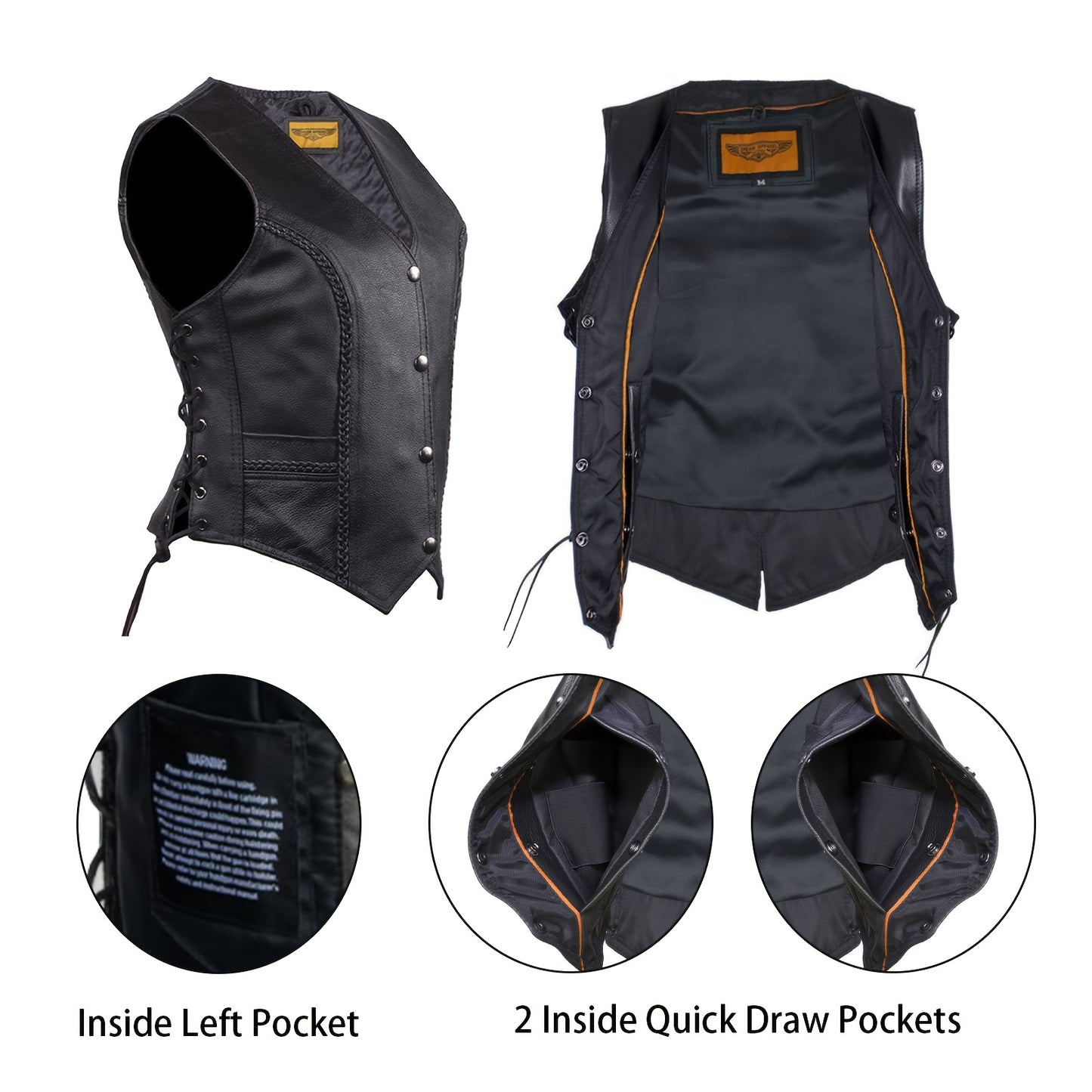 Women'S Black Concealed Carry Pockets Leather Motorcycle Vest, with Lace-Up Side Detailing And Adjustable Straps, Edgy Biker Look | Metal Eyelet Accents | Motorcycle Vest