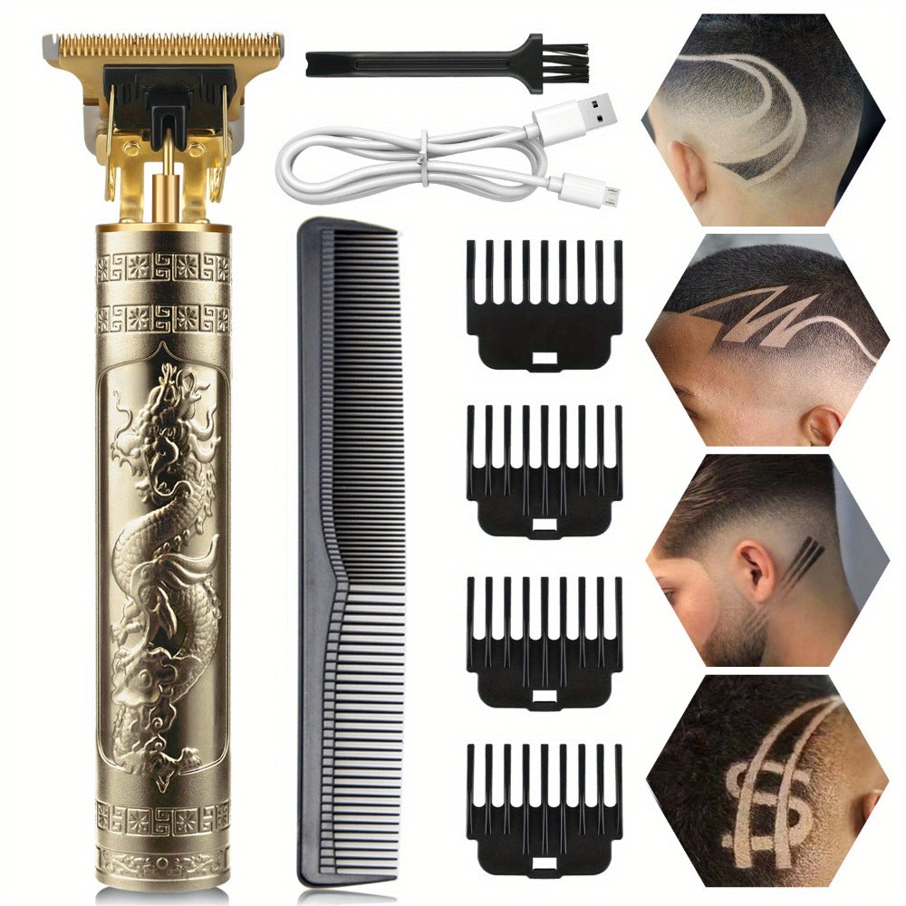 T-Blade Hair Trimmer for Men - Retro Electric Clipper, USB Rechargeable 1000mAh, 240-Min Runtime, 4 Guide Combs, Dragon & Buddha Designs, Black Bronze Blue Purple
