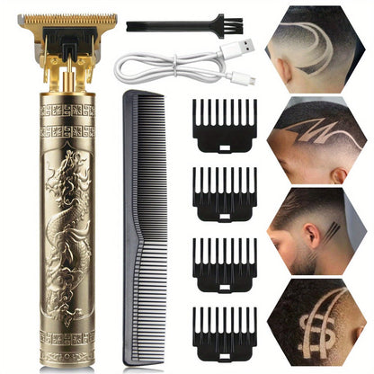 T-Blade Hair Trimmer for Men - Retro Electric Clipper, USB Rechargeable 1000mAh, 240-Min Runtime, 4 Guide Combs, Dragon & Buddha Designs, Black Bronze Blue Purple
