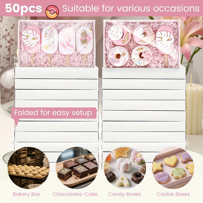 Cookie Boxes with Clear Lids 50pcs - White Bakery Boxes with Window for Macarons, Chocolates, Candy, Pastry - Paper Gift Boxes for Wedding, Christmas, Father's Day, Birthday Party Favors & Professional Baking